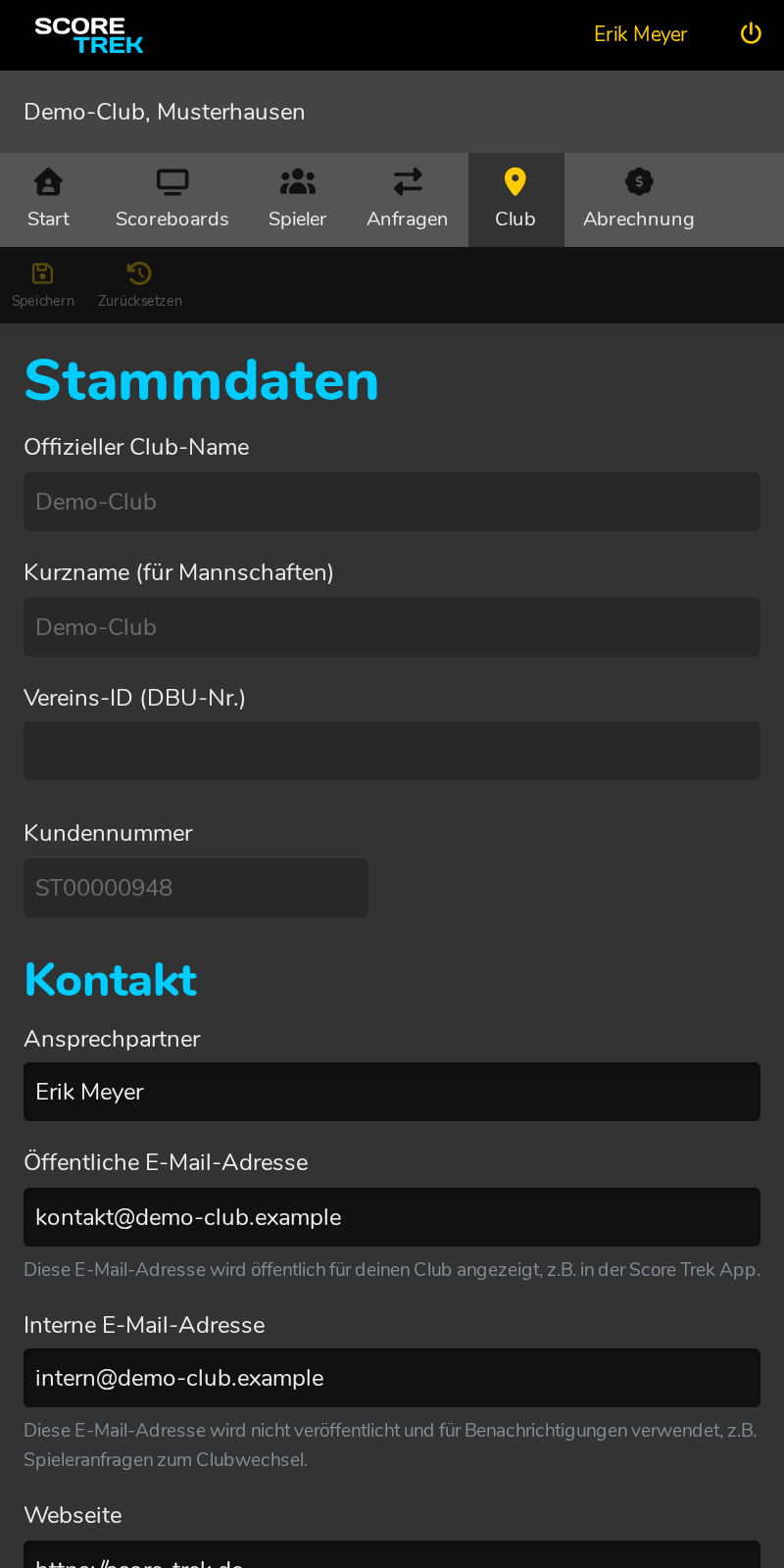 Die Vereinseinstellungen in der Club-Administration.