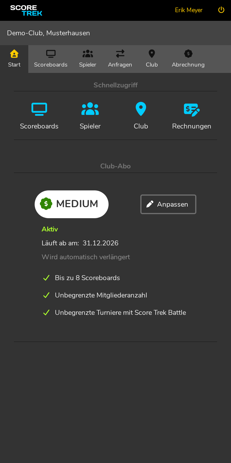 Das Dashboard der Club-Administration.