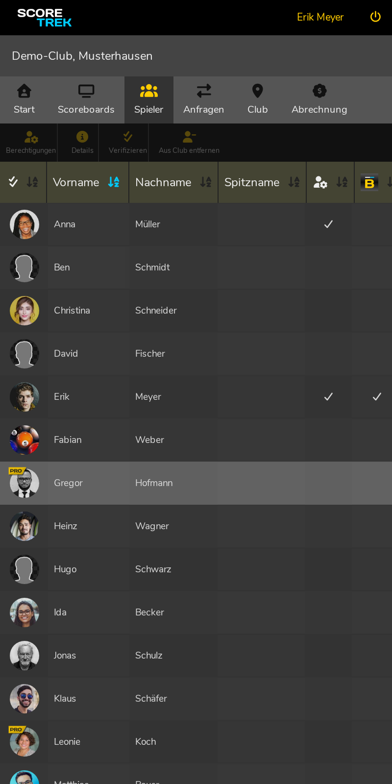 Die Spielerliste in der Club-Administration.