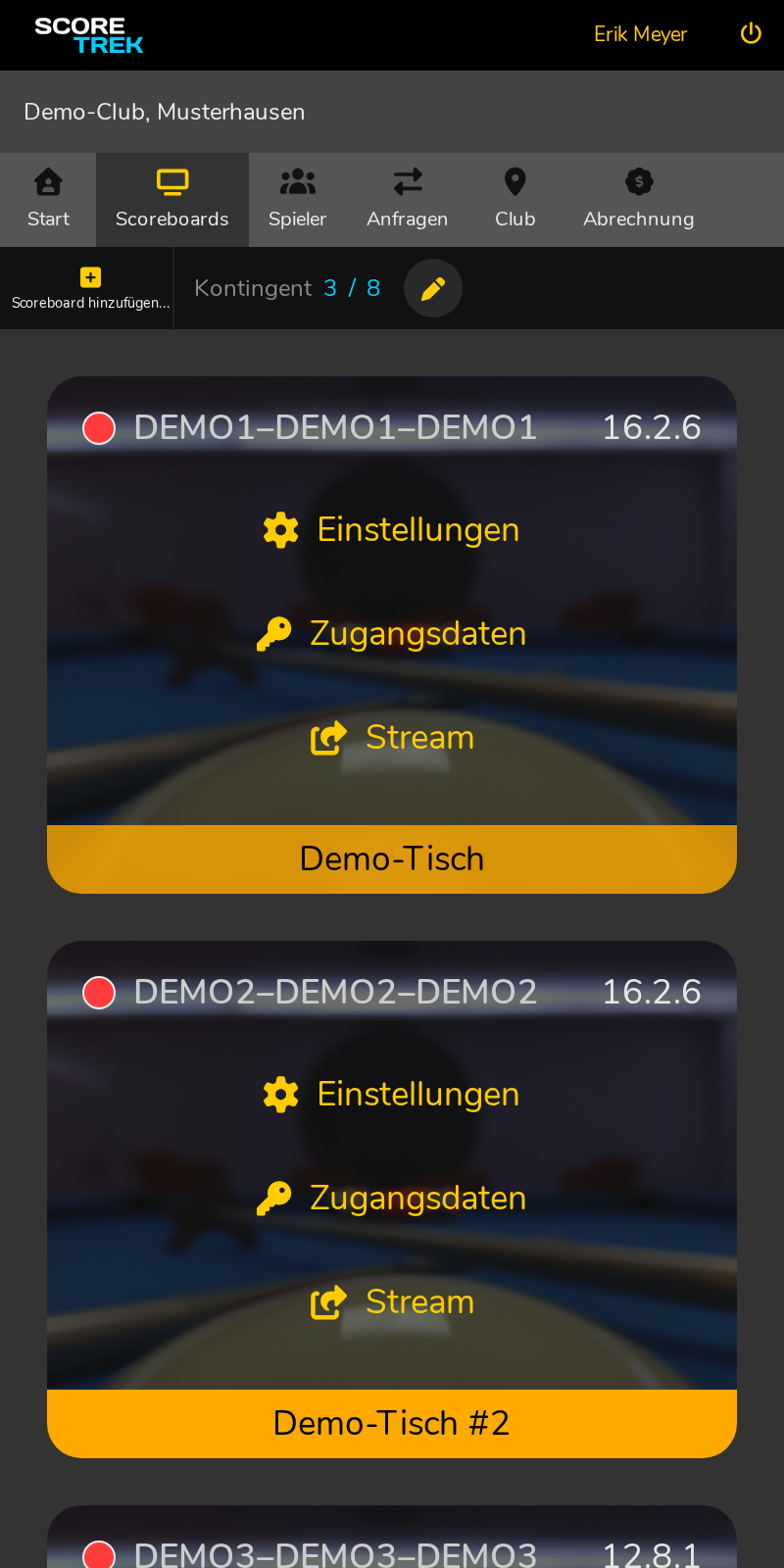 Scoreboard-Liste in der Club-Administration.