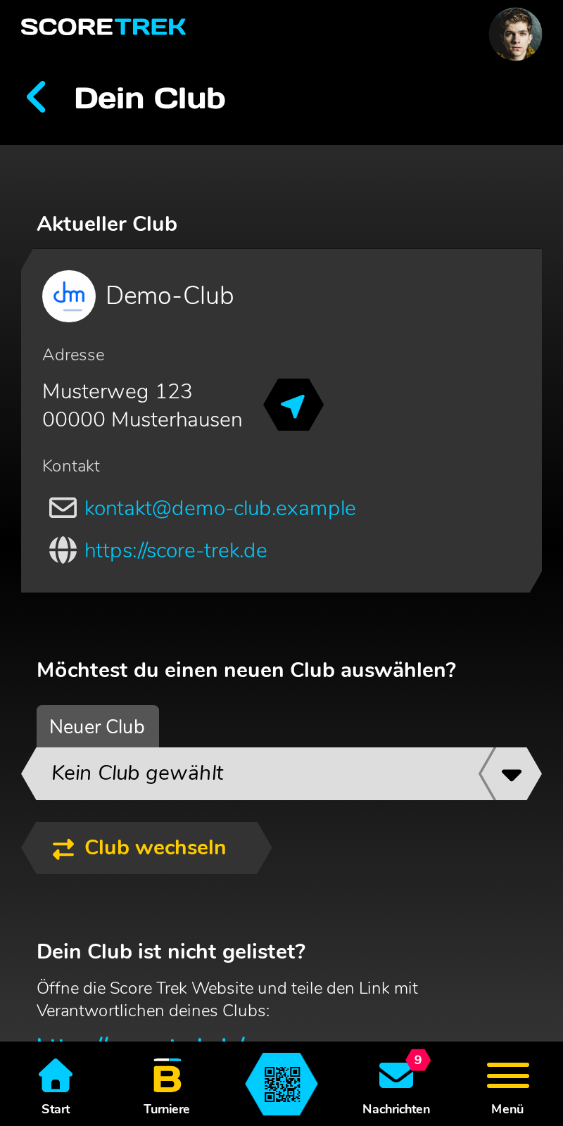 Der Bereich „Dein Club“ in der Score Trek App.