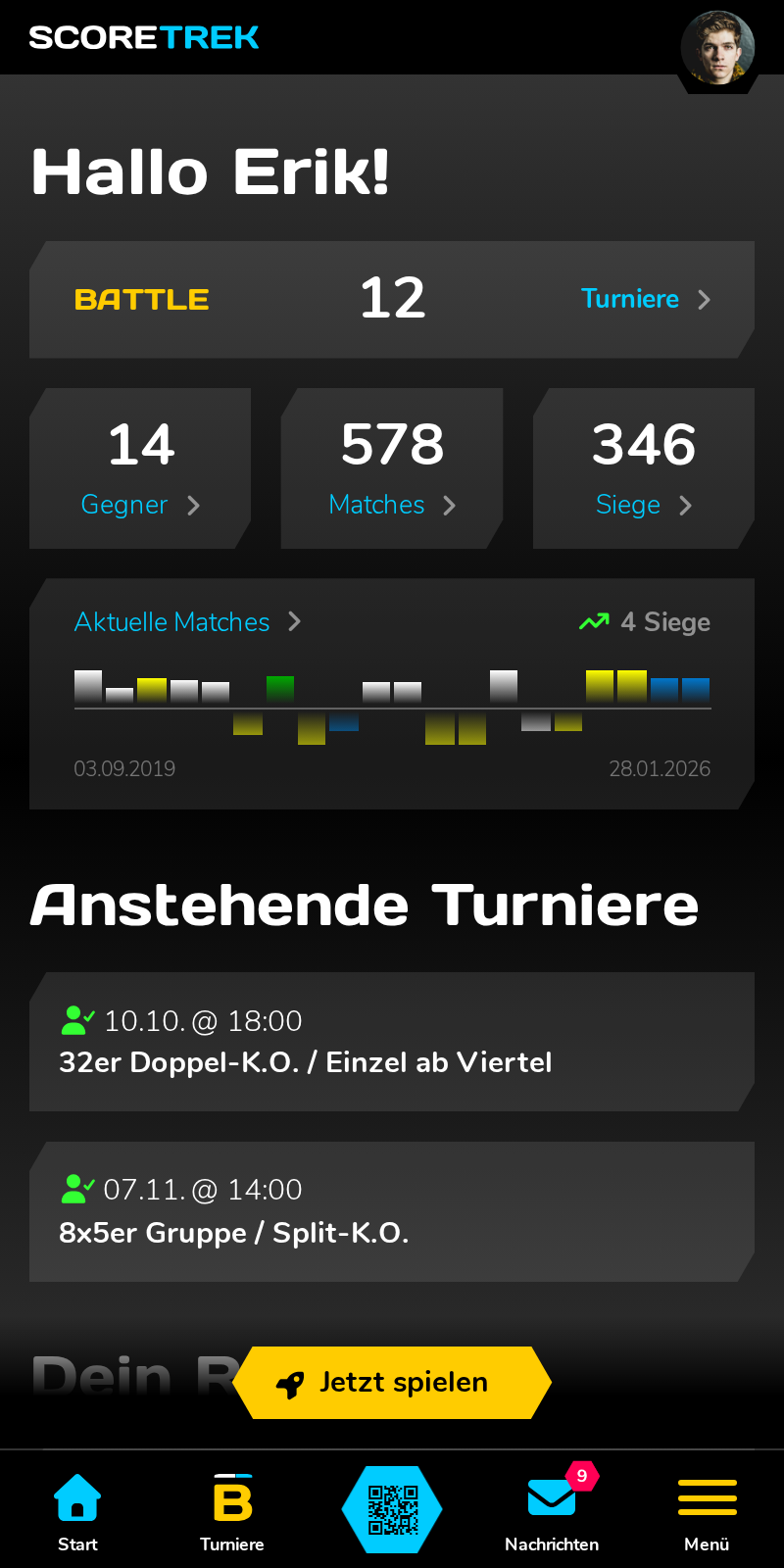 Das Dashboard der Score Trek App.