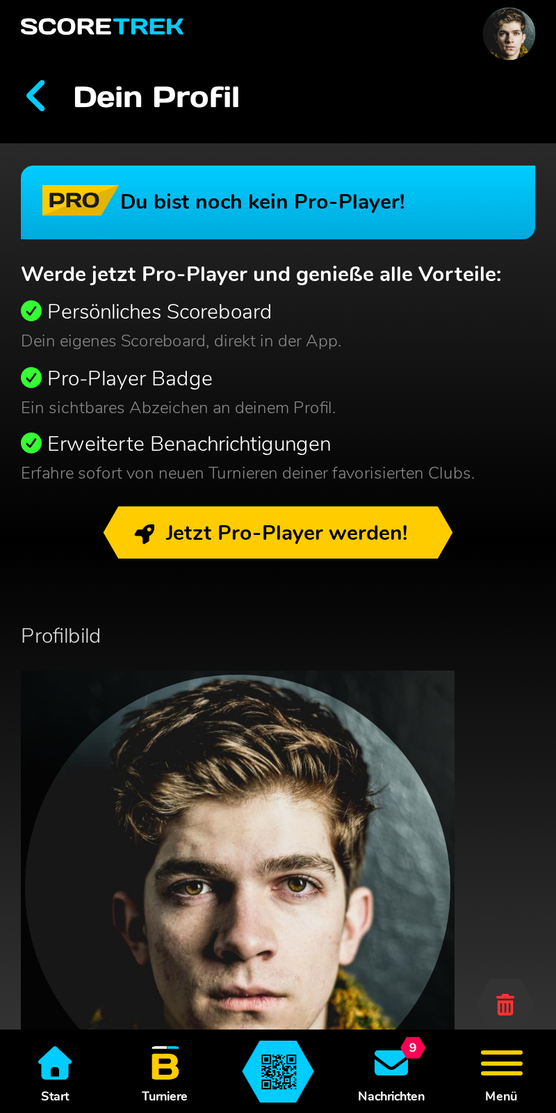 Die Profil-Ansicht der Score Trek App.
