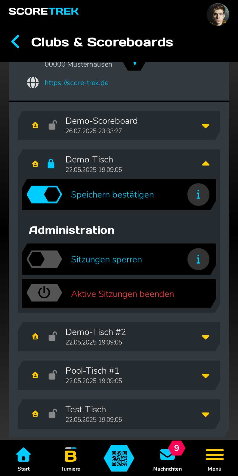 Ein aufgeklapptes Scoreboard mit aktivierter Option „Speichern bestätigen“.