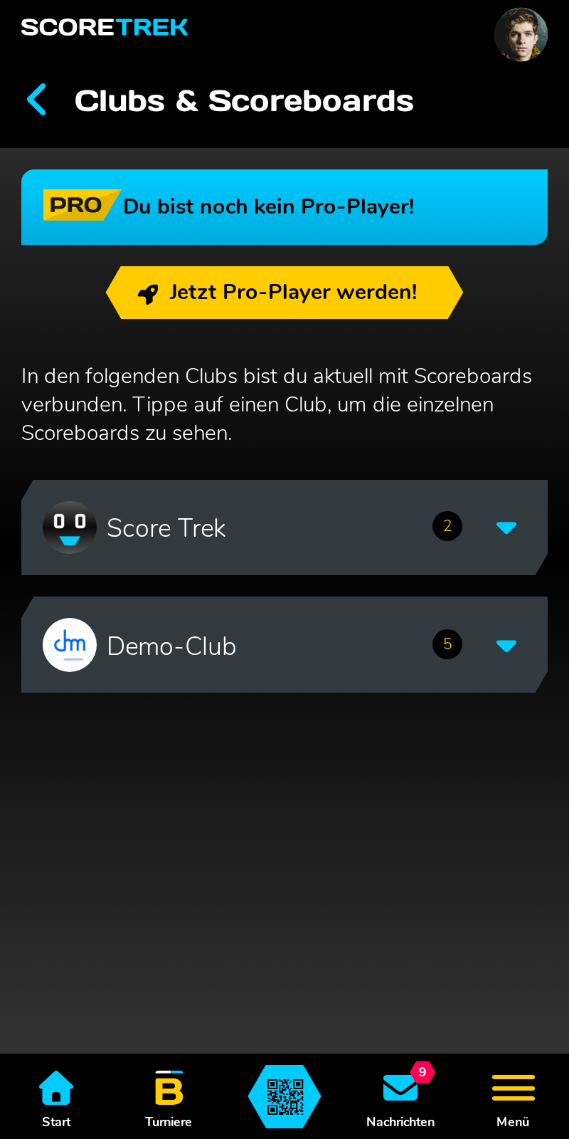 Die Ansicht „Clubs und Scoreboards“ in der Score Trek App.