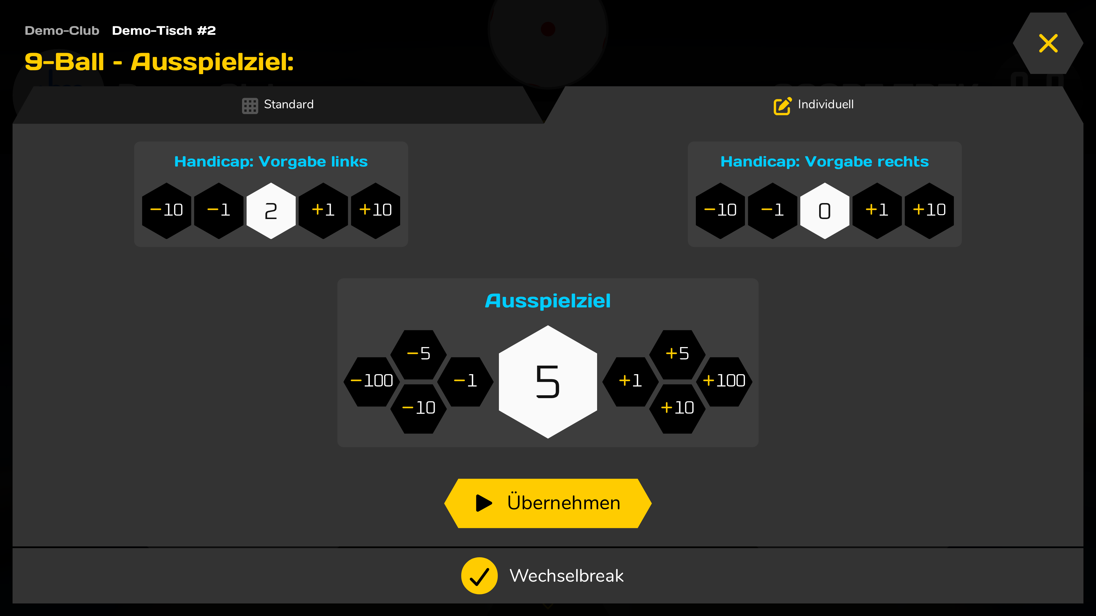 Der Ausspielziel-Dialog für 9-Ball im Reiter „Individuell“: links 2 Punkte Vorgabe, Wechselbreak aktiviert.