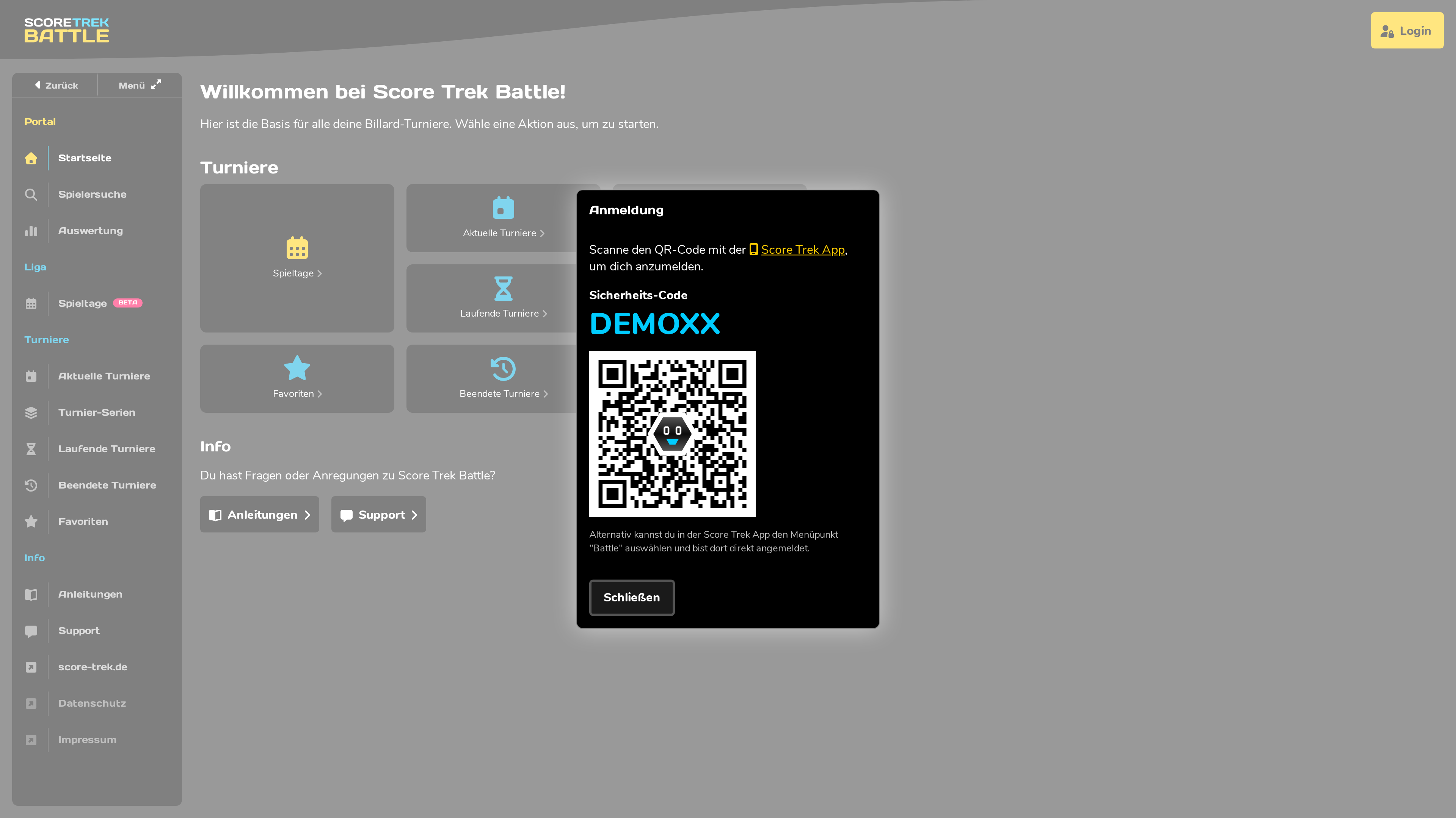 Der Login-Dialog von Score Trek Battle mit QR-Code und Sicherheits-Code.