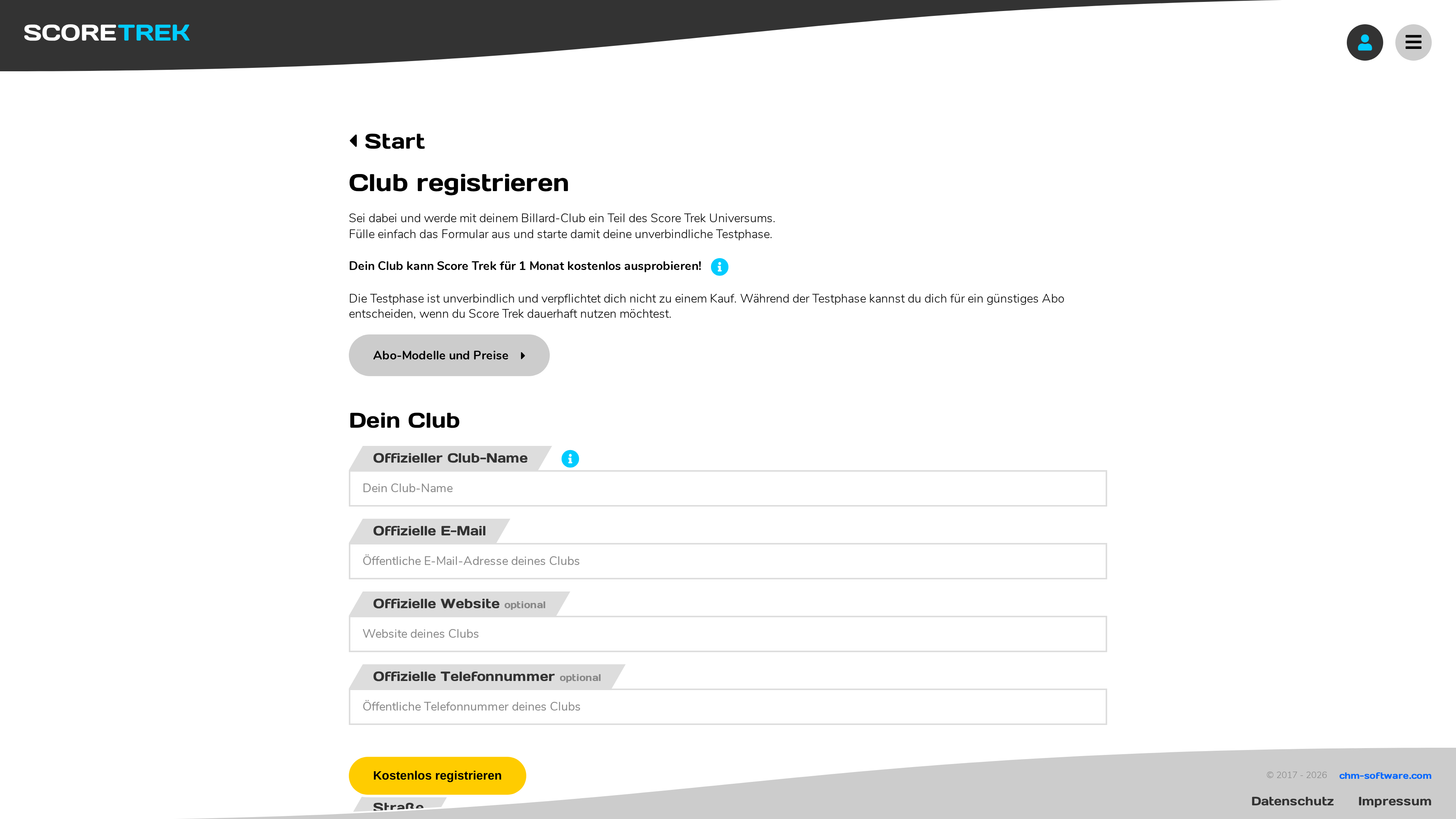 Das Club-Registrierungsformular auf score-trek.de.