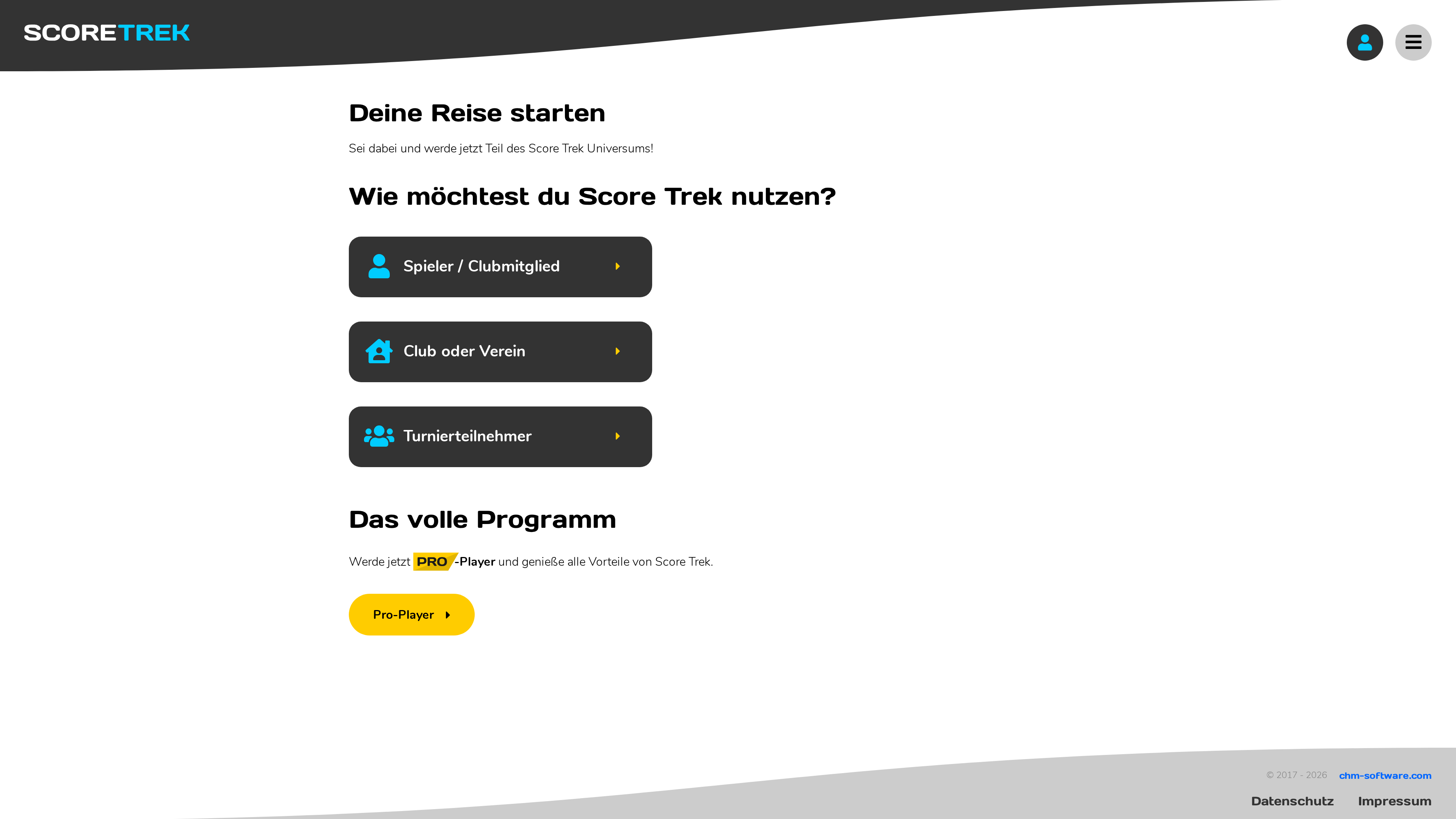 Die Auswahl auf score-trek.de/start/ — für einen Club wählst du „Club oder Verein“.